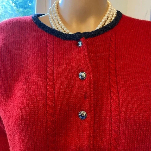 Limited 100% Wool Red Black Trim Sweater Cardigan Button Front Knit Women Size S - Picture 7 of 7